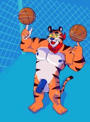 3_toes 5_fingers anthro ball balls bandana bandanna_only barefoot basketball_(ball) biceps black_eyes black_stripes blue_nipples blue_nose blue_penis bulge clothed clothing countershading erection feet felid fence fingers frosted_flakes fur genitals half-closed_eyes hi_res high-angle_view kellogg's kerchief kerchief_only looking_at_viewer male male_only mammal markings mascot mostly_nude multicolored_body muscular muscular_male narrowed_eyes nipples nude open_mouth orange_body orange_fur pantherine pecs penis shadow simple_background smile solo soupspicyy standing striped_body striped_fur stripes text_on_bandanna tiger toes tony_the_tiger topless whiskers yellow_sclera