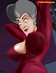 1girls big_breasts cartoonvalley.com cinderella_(1950_film) clothing disney disney_villains female female_only helg lady_tremaine low-angle_view mature mature_female nipple_bulge pokies solo