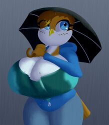 1girls anthro avian avian_humanoid blue_eyes breast brown_fur brown_hair cleavage female female_focus female_only furry hips holding_umbrella jacket large_breasts mr-snacks owl rain raining simple_background thick_thighs thighs umbrella vivian_(mr-snacks) wet_shirt white_fur