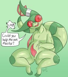 2022 3_fingers accessory anthro anthrofied bodily_fluids claws dragon english_text erection eyelashes fingers flygon generation_3_pokemon genitals green_body hi_res looking_at_viewer male nervous nervous_smile nintendo open_mouth penis petrovolt pokémon_(species) pokemon pokemon_(species) presenting presenting_penis reptile scalie signature simple_background sitting solo spread_legs spreading sweat tapering_penis text video_games wings