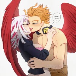 1boy 1boy1girl 1girls blonde_hair bottomless breasts feathered_wings female french_kiss fuyumi_todoroki hawks_(my_hero_academia) jacket keigo_takami kissing making_out male male/female my_hero_academia nipple_slip nipples shirtless sideboob straight superevey text_bubble white_hair wings