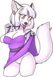 2016 5_fingers alpha_channel anthro bangs biped blush breasts cleavage clothed clothing clothing_lift digital_media_(artwork) dress dress_lift female fingers fur genitals grey_sclera hair hi_res looking_at_viewer mammal no_underwear pink_clothing pink_dress pink_tongue portrait pussy solo three-quarter_portrait tongue tongue_out white_body white_fur white_hair yellow_eyes zyira