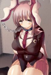 1girls animal_ears bad_id bad_pixiv_id black_legwear blush breasts chain collar cream_(nipakupa) crescent dress_shirt female fully_clothed large_breasts leash leash_and_collar long_hair looking_at_viewer necktie purple_hair rabbit_ears red_eyes red_necktie reisen_udongein_inaba shirt sitting sketch skirt solo tagme touhou wariza