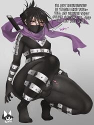 1boy balls bangs bodysuit bulge clothed clothing crouching dialogue english_text femboy flaccid fully_clothed human iyarin light-skinned_male light_skin male male_only mask ninja nipple_bulge offscreen_male one-punch_man penis purple_eyes scarf simple_background solo speed-o'-sound_sonic sword text thick_thighs tiptoes wide_hips