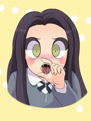 1girls black_hair cyrilla cyrilla_(cyrilla_y_adbel) cyrilla_y_abdel cyrilla_y_abdel_(cyrilla) fellatio fellatio_gesture green_eyes implied_fellatio implied_oral long_hair open_mouth oral_sex paulinaapc school_uniform schoolgirl