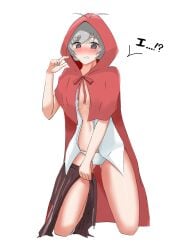 bare_thighs blush braless cleavage cosplay hood kneeling kneeling_female komi-san_wa_komyushou_desu little_red_riding_hood_(cosplay) osana_najimi panties undressing yona_springer