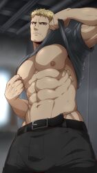 1boy abs attack_on_titan bara black_shirt blonde blonde_hair blonde_male gay kuroshinki looking_at_viewer male male_only manboobs nipple_play nipples reiner_braun shingeki_no_kyojin shirt_lift shirt_up solo