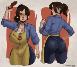 1girls angry_face apron ass cleavage cowboy_shot cropped_legs curvaceous curvy earrings flip-flops front_and_back high_ponytail hourglass_figure milf mom_jeans mother_(pokemon_sv) pokemon pokemon_sv ponytail solo sphere_earrings standing suggestive titobeansz voluptuous white_earrings yellow_apron