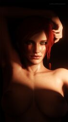 1girls 3d 3d_(artwork) areolae blush blushing breasts eye_contact female female_focus female_only fingernails ginger ginger_hair green_eyes large_breasts lips long_hair looking_at_viewer medium_breasts nipples no_bra nude nude_female red_hair solo solo_female solo_focus source_filmmaker the_witcher_(series) the_witcher_2 the_witcher_3:_wild_hunt thiccboysteven tied_hair triss_merigold wallpaper white_skin