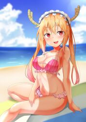 1girls :d beach bikini blush breasts cleavage cloud day dragon_girl dragon_horns frilled_bikini frills horns large_breasts looking_at_viewer maid_headdress miss_kobayashi's_dragon_maid navel ocean oerba_yun_fang open_mouth orange_eyes orange_hair outdoors penguin_maru_(nizitama) pink_bikini pinstripe_pattern red_eyes sand sitting sky smile solo stomach striped striped_bikini swimsuit thighs tohru_(dragon_maid) twintails