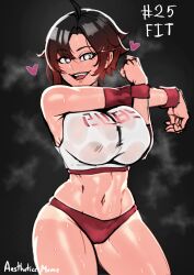 1girls abs aestheticc-meme athletic_female big_breasts curvy fit_female iron_alchemist looking_at_viewer panties red_panties rooster_teeth ruby_rose rwby smiling_at_viewer solo sports_bra sports_uniform sportswear sweat sweatdrop sweating sweaty tagme toned toned_female wet_clothes wide_hips