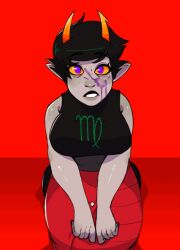 1girls cum cum_on_face empty_eyes femsub grey_skin homestuck horns hypno_eyes hypnosis kanaya_maryam kneeling large_breasts mind_control pink_eyes seyerusednsfw