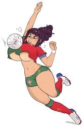 1girls 2022_fifa_world_cup big_breasts command_grab female female_only gats hourglass_figure kneehighs purple_hair short_shorts skimpy_clothes soccer_ball soccer_uniform sweat sweatdrop tagme thick_thighs underboob white_background world_cup