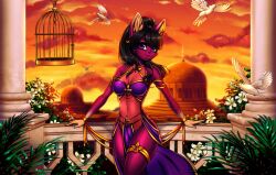 anthro arabia arabian_clothes balcony belly_dancer belly_dancer_outfit birds cat_ears catgirl cleavage furry harem_girl harem_outfit islamic_architecture large_breasts loincloth looking_at_viewer mosque original original_character persia persian_clothing purple_eyes purple_fur yonachka_doki