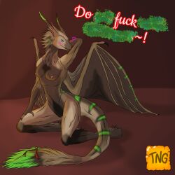 anthro bell bodily_fluids brown_body brown_fur christmas dragon female fur furred_dragon genital_fluids green_body green_fur heart hi_res holidays jingle_bell nude pussy_juice salvatrix scalie solo teasing teasing_viewer text the_nameless_guy western_dragon wings