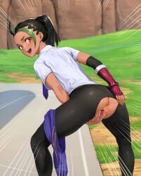 1girls anus ass back back_view beeeeen bent_over black_hair censored crotchless crotchless_clothes crotchless_leggings cutout exposed_pussy female female_only fully_clothed genital_fluids hole_in_pants looking_at_viewer looking_back mosaic_censoring nemona_(pokemon) nintendo no_panties orange_eyes outdoors outside pokemon pokemon_sv ponytail presenting presenting_ass presenting_pussy public public_exposure public_indecency public_nudity pussy pussy_cutout pussy_juice pussy_juice_drip shorts shorts_around_one_leg solo spread_pussy standing thighs