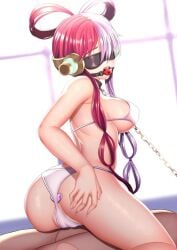 1girls anal ass_focus ball_gag bikini bikini_over_buttplug blindfold bondage buttplug buttplug_under_panties chains collar female female_only gag hand_on_ass heart_buttplug hexelica jewel_buttplug multicolored_hair one_piece red_hair thong_over_buttplug uta_(one_piece) white_hair