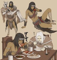 1boy 1girls abs arizuka00 bandage big_breasts breasts chicken cleavage dark-skinned_female elden_ring father_and_daughter feet female fromsoftware legs_up muscular_female nepheli_loux sir_gideon_ofnir_the_all-knowing thanksgiving thick_thighs turkey wholesome