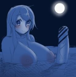 1futa areola areolae birugurimu blue_eyes breasts censored erection futa_only futanari huge_breasts huge_cock human moon moonlight night nipples nude partially_submerged penis sitting solo tagme water white_hair