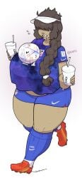 1girls 2022_fifa_world_cup big_breasts covered_eyes dark-skinned_female dark_skin female female_only gats hair_over_eyes huge_breasts milkbar_(gats) nose_piercing nose_ring soccer_uniform sweat sweatdrop tagme thick_thighs white_background world_cup