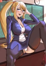 1girls black_stockings blonde blonde_hair blue_eyes business_suit chalkboard cleavage deep_cleavage female female_only glasses high_heels huge_breasts metroid pencil_skirt ponytail samus_aran smiling spread_legs stockings teacher teacher_outfit thong very_long_hair white_shirt xhaart