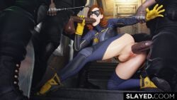 1girls 3boys 3d arm_held_back balls barbara_gordon batgirl batgirl_(gotham_knights) batman_(series) big_balls big_penis blue_eyes clothed clothed_female clothed_female_clothed_male clothed_male clothed_male_clothed_female clothed_sex clothes clothing dark-skinned_male dark_skin dc dc_comics deep_penetration domino_mask eyelashes eyes_rolling_back eyeshadow female from_behind ginger ginger_hair gloves gotham_knights hi_res highres holding holding_arm interracial interracial_sex large_penis light-skinned_female light_skin makeup makeup_running male messy mouthful multiple_boys multiple_males multiple_penises oral oral_penetration oral_sex outdoors outside penetration penile penile_penetration penis penis_in_mouth penis_in_pussy pussy rolling_eyes rough_sex runny_makeup sex sex_from_behind slayed.coom straight superheroine tears testicles threesome vein veins veiny veiny_penis
