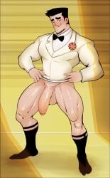 1boy balls big_balls big_penis blush daddy gay male male_only muscles pantsless penis powerpuff_girls precum professor_utonium scruffley sock_garters socks solo solo_male spread_legs tuxedo