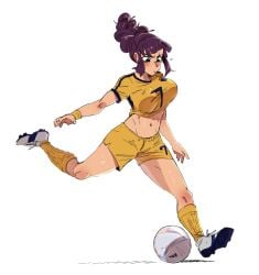 1girls ball bangs beehive_hairdo big_breasts blush bouncing_breasts breasts clothed clothing command_grab eyebrows eyelashes female focused hanjidraws huge_breasts imminent_kick kicking long_hair looking_down midriff navel purple_hair running shirt shoes short_shorts shorts sidelocks sneakers soccer soccer_ball soccer_shoes soccer_uniform socks sport sports_uniform sportswear sweat thighs tied_hair unaligned_breasts uniform very_long_hair white_background world_cup wristband