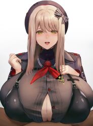 1boy 1girls ascot beret blonde_hair breasts cleavage clothed clothed_female_nude_male dark-skinned_male dark_skin emma_(nikke) goddess_of_victory:_nikke hair_ornament hair_ribbon huge_breasts implied_paizuri light-skinned_female light_skin military military_uniform mouth_open murasaki_nami overflowing_breasts paizuri paizuri_under_clothes pov smile submissive_pose unbuttoned unbuttoned_shirt