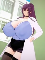 1girls 2022 3d abceefg bangs big_breasts black_panties black_skirt blue_shirt breasts cleavage clothed collarbone deep_cleavage female fully_clothed going_commando hand_in_pocket huge_breasts hyper_breasts koikatsu labcoat long_hair looking_at_viewer looking_down_at_viewer low-angle_view milf mole_under_eye no_panties open_shirt pale-skinned_female pale_skin panties pencil_skirt ponytail pubic_hair purple_eyes purple_hair pussy saimin_seikatsu school_nurse skindentation skirt skirt_up solo solo_female sonobe_ayako tagme thick_thighs thigh_highs thighhighs translucent_clothing upskirt wide_hips