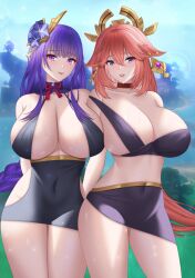 2girls alternate_breast_size big_breasts blush breasts elegant female genshin_impact hips huge_breasts large_breasts light-skinned_female light_skin ling_ayi_(artist) long_hair outdoors pink_hair purple_eyes purple_hair raiden_shogun smile wide_hips yae_miko