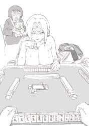 2girls board_game breasts cigarette female_only greyscale highres kireina_mochi large_breasts mahjong monochrome multiple_girls multiple_others naruto naruto_(series) nipples nude pig playing pov shizune strip_game tagme teacher_and_student tonton tsunade wet white_background