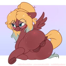 1:1 amaichix anus ass big_butt blonde_hair blush brown_body brown_feathers equid equine eyewear feathers female feral genitals glasses hair hasbro huge_butt mammal my_little_pony pegasus polar_wind pussy solo thick_thighs wings