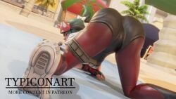 3d 3d_(artwork) ass beach big_ass blender blender_(software) blender_cycles clothed clothes female kimono kiriko_(overwatch) overwatch overwatch_2 smile solo solo_female solo_focus spread_legs sun typiconart