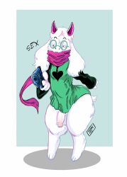 1boy anthro anthro_only balls big_ass black_sleeves deltarune deltarune_chapter_2 digital_media_(artwork) femboy fluffy_ears glasses goat_humanoid green_clothing gun hi_res highres horns humanoid kojoarts looking_at_viewer male male_focus male_only naughtypaw_(artist) penis pink_horns pink_scarf pointing_gun ralsei ralsei_(deltarune) ralsei_with_white_fur scarf simple_background solo solo_male thick_thighs ttherandom tthrandom tthrandom_rp white_fur white_hair wide_hips