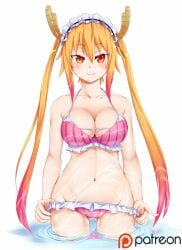 1girls big_breasts bikini blonde_hair bonnet breasts front_view horns looking_at_viewer maid_headdress miss_kobayashi's_dragon_maid orange_eyes pink_swimsuit pink_swimwear red_eyes removing_clothing removing_panties removing_swimsuit rixch simple_background swimsuit tohru_(dragon_maid) twintails water wet white_background