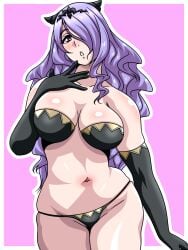 1girls bra breasts camilla_(fire_emblem) elbow_gloves female female_only fire_emblem fire_emblem_fates gloves hair_over_one_eye horns inabakun00 large_breasts long_hair looking_at_viewer nintendo panties pink_eyes purple_hair solo underwear very_long_hair