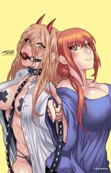 2girls amber_eyes back_to_back ball_gag big_breasts blonde_hair chainsaw_man collar darkereve female female_only gag hi_res horns leash long_hair looking_at_viewer makima_(chainsaw_man) nipple_pasties open_shirt orange_eyes pasties power_(chainsaw_man) red_hair sharp_teeth symbol-shaped_pupils x_pasties yellow_background