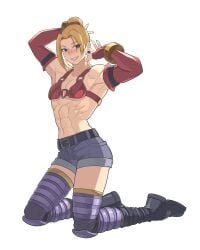 1boy abs ambush_(trap) armpits bloody_roar femboy fox_(bloody_roar) hans_taubemann iggler looking_at_viewer male male_only muscular no_body_hair shorts smiling tagme thighhighs