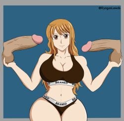 1girls 2boys beaned_clothing female holding_balls interracial male nami one_piece penis raceplay red_hair ryogaslewds