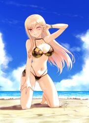 1girls beach bikini blonde_female blonde_hair blonde_hair blush bracelet cleavage eyebrows_visible_through_hair female_only flower_bikini kitagawa_marin kneeling large_breasts long_hair looking_at_viewer menyoujan one_eye_closed pale-skinned_female pale_skin pink_nails red_eyes ring sand sea seaside smile solo_female sono_bisque_doll_wa_koi_wo_suru swimsuit v_sign wink