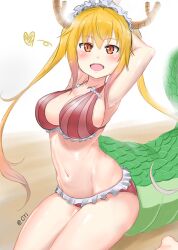 big_breasts bikini cyicheng miss_kobayashi's_dragon_maid orange_eyes striped_bikini tohru_(dragon_maid)