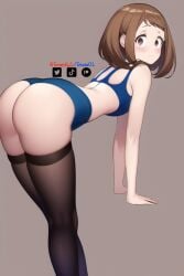 1girls ai_generated blush bra brown_eyes brown_hair funemily1 leaning_forward my_hero_academia nai_diffusion ochako_uraraka panties self_upload shy stable_diffusion surprised tagme thighhighs watermark