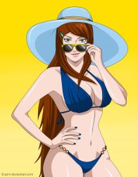 1girls adjusting_eyewear adjusting_glasses adjusting_sunglasses big_breasts bikini blue_nails breasts brown_hair busty cleavage curvaceous curvy curvy_body curvy_female curvy_figure erazm female green_eyes hand_on_hip hat highres large_breasts long_hair looking_at_viewer looking_over_eyewear looking_over_glasses looking_over_sunglasses mature mature_female mei_terumi nail_polish naruto naruto_(series) naruto_shippuden navel plain_background simple_background solo summer_hat sunglasses swimsuit tinted_eyewear upper_body very_long_hair voluptuous wide_hips yellow_background