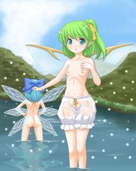 2girls :o ahoge aqua_eyes ass back bloomers blue_hair bow breasts cirno daiyousei fairy_wings female female_only from_behind green_hair hair_ribbon hairbow hands_on_hips highres ice ice_wings light_particles looking_at_viewer multiple_girls navel nipples nude open_mouth partially_submerged reflection ribbon side_ponytail skinny small_breasts t2r topless touhou underwear underwear_only wading water wet wet_clothes white_bloomers wings