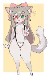 1girls 4_fingers anthro blush cat_ears cat_tail domestic_cat feline female female_only full_body fur furry furry_only green_eyes grey_hair hair_ribbon hi_res kemono long_hair looking_at_viewer maid_bikini pasong pawpads red_eyes sling_bikini slit_pupils small_breasts smiling smiling_at_viewer solo sona_(yuio) tail thick_thighs thigh_gap v_sign wide_hips yuio_maid_dress