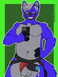 absurd_res balls bodily_fluids canid canine canis foreskin genital_fluids genitals hi_res jockstramp kingdraws mammal penis penis_out piercing precum selfie slightly_chubby smile wolf