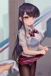 1girls alternate_version_available black_hair blush bowtie bra eyebrows_visible_through_hair komi-san_wa_komyushou_desu komi_shouko large_breasts long_hair looking_at_viewer menyoujan pale-skinned_female pale_skin panties pantyhose purple_bra purple_eyes school_uniform see-through see-through_clothing skirt skirt_lift skirt_pull solo_female transparent_clothing uniform wet_clothes wet_shirt white_shirt wringing_clothes wringing_skirt