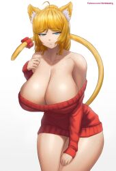 2d animal_ears artist_name braless breasts cat_ears female female_only freckles freckles_on_chest huge_breasts kemonomimi large_breasts light-skinned_female light_skin looking_at_viewer nekomimi oc off_shoulder original_character pale-skinned_female pale_skin simple_background solo superbusty sweater tail thor_chan virtual_youtuber vrchat watermark