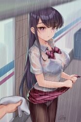 1girls alternate_version_available black_hair blush bowtie bra eyebrows_visible_through_hair komi-san_wa_komyushou_desu komi_shouko large_breasts long_hair looking_at_viewer menyoujan pale-skinned_female pale_skin panties pantyhose purple_bra purple_eyes rain raining school_uniform see-through see-through_clothing skirt skirt_lift skirt_pull solo_female transparent_clothing uniform wet_clothes wet_shirt white_shirt wringing_clothes wringing_skirt